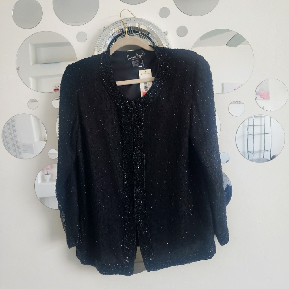 NWT 1980's Vintage Laurence Kazar Black, Beaded, Silk Cardigan, Women's size PS